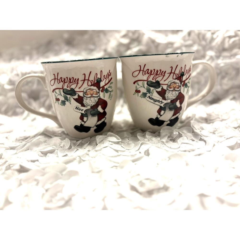 Pfaltzgraff Winterberry Naughty and Nice Santa Coffee Tea Mugs (20oz each)